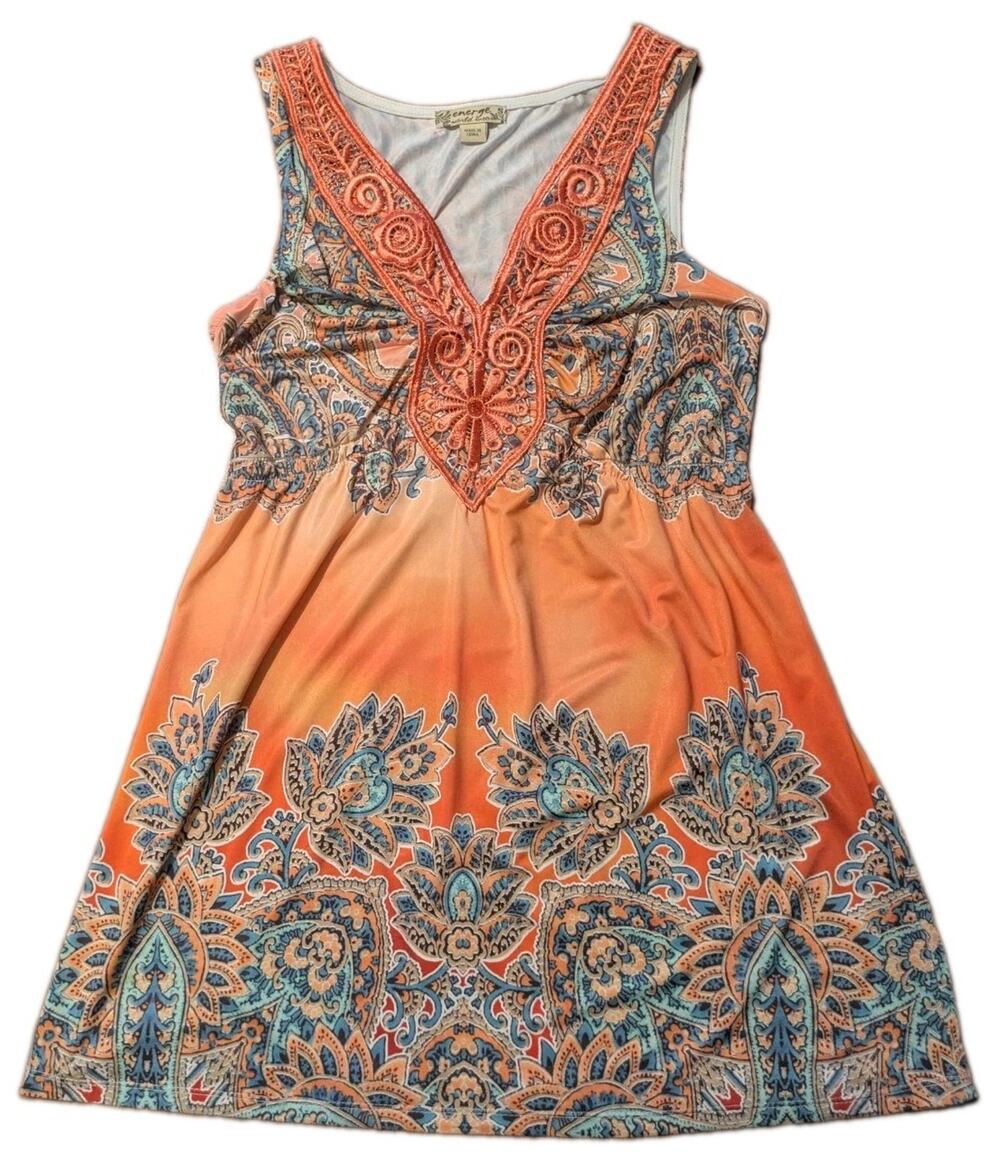 Y2K Orange Paisley Embroidered Babydoll Mini Dress